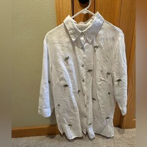 Richard Malcolm woman 1X Irish linen 3/4 length sleeve, embroidered palm trees